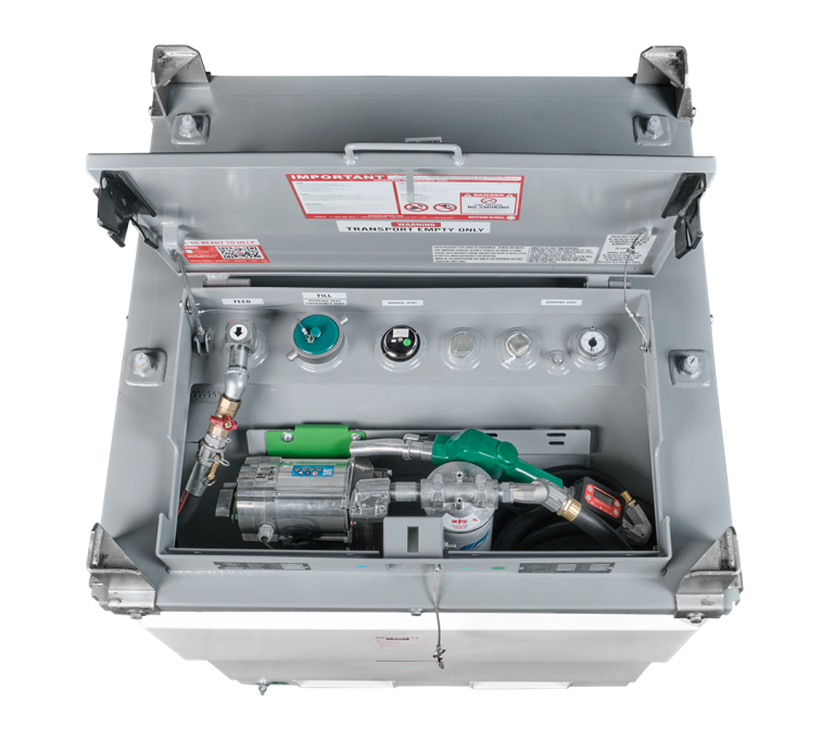 FuelCube fuel tank cabinet with integrated pump and hose system for safe, controlled diesel dispensing on-site.