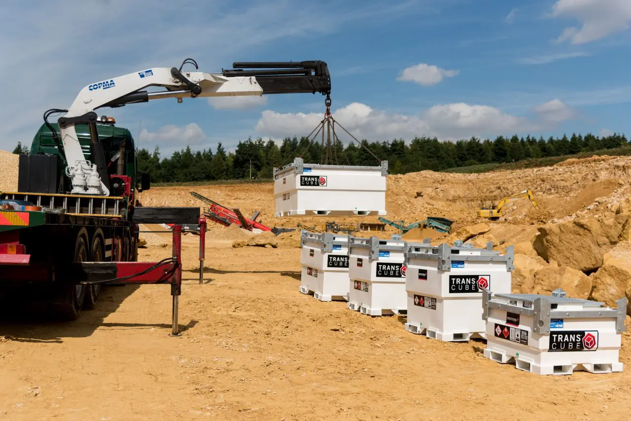 Multiple TransCube fuel tanks grouped on a construction site, showcasing modular diesel storage solutions for scalable on-site refuelling.