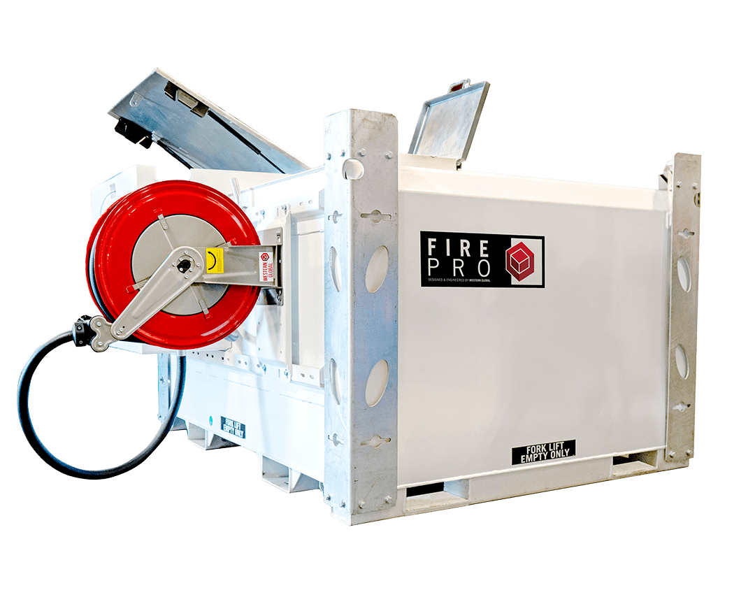 Fire-rated fuel storage tank with integrated hose reel and dispensing system for safe on-site refuelling in industrial environments
